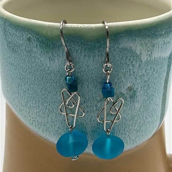 Handmade Blue Sea Glass Earrings with Stainless Steel Hooks NWT - Picture 2 of 7